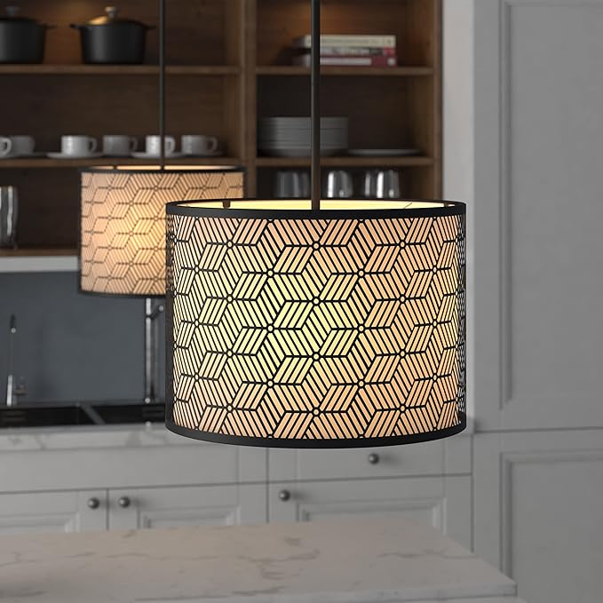 Inlight 14" Wide 3-Light Modern Kitchen Island Drum Pendant Light with Black Metal Frame and White Fabric Shade, Bulb Not Included, IN-0337-3-BK