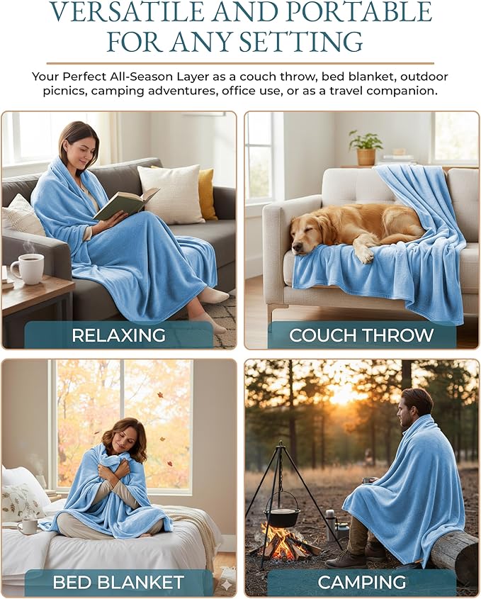 Casa Platino King Size Blanket – Light Blue Fleece Throw 108x90 for Bed, Sofa or Guest Room – Lightweight Flannel for Everyday Use – Soft & Breathable