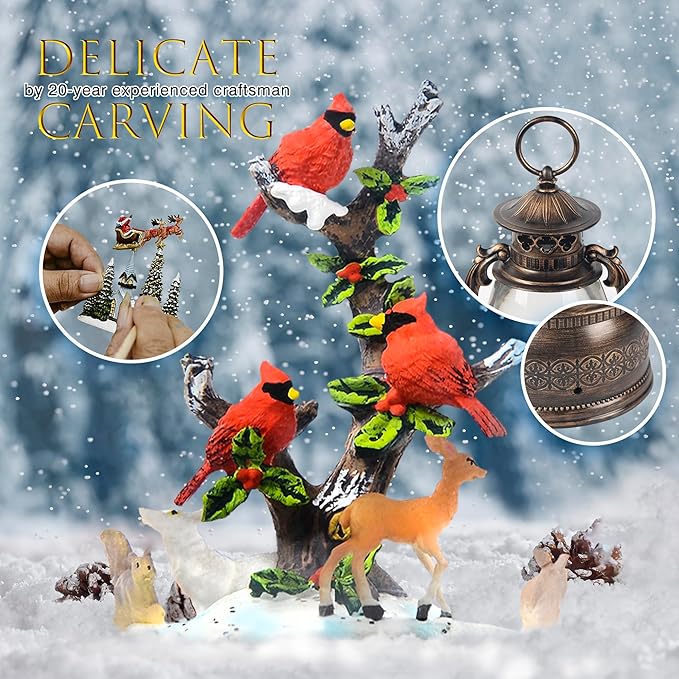 13.4" Christmas Snow Globe Lantern with Swirling Glitter Christmas Decorations Indoor, Cardinals & Rotating Tiny Animal Lighted Musical Snow Globes for Home Decoration USB Powered or Battery Operated