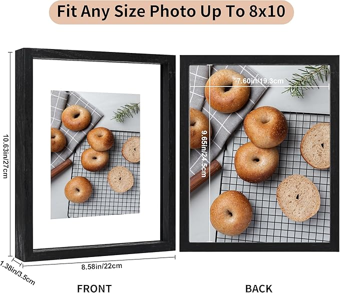 8x10 Floating Picture Frame Set of 2, Double Glass Photo Frame Wooden Frame for Wall Mount or Tabletop Displays for 4x6, 5x7, 6x8 inch Pictures, Plane Edge Frames, Black