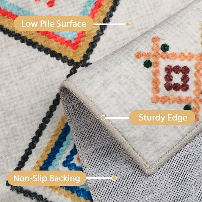 GENIMO Machine Washable 5x7 Area Rugs for Living Room, Non Slip Vintage Rugs, Low Pile Lightweight Chenille Print Rug for Bedroom, Dining Room, Home Office, Rainbow