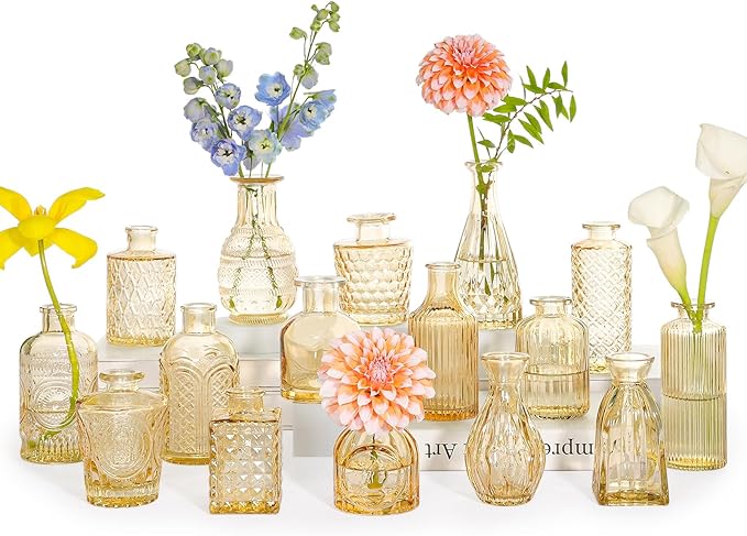 16Pcs Glass Bud Vase Set, Small Flower Vases in Bulk for Centerpieces, Mini Vintage Amber Vase for Wedding, Home Decor, Table Decoration - Gold Amber