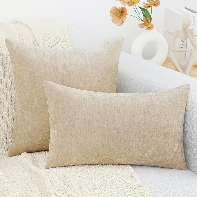 decorUhome Chenille Beige Christmas Throw Pillow Covers 22x22 Inch Set of 2, Decorative Soft Couch Pillow Covers Solid Dyed Accent Farmhouse Neutral Square Pillow Cases for Sofa