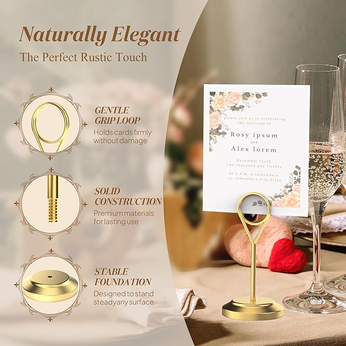 12 Pcs Gold Table Number Holders, 4 Inch Tall Place Card Holders for Table, Sturdy Photo Picture Holders with Anti-Tip Base for Wedding Reception, Party, and Event Centerpiece