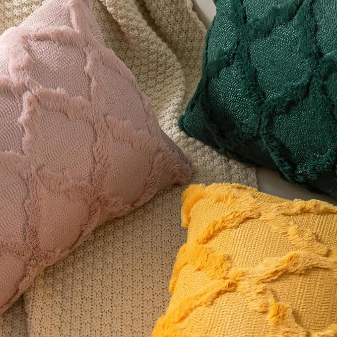 Set of 2 Soft Moroccan Throw Pillow Covers 16x16 Inch Plush Boho Decorative Pillow Cover Accent Cushion Case for Couch Sofa Bed, Pink
