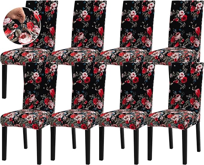 Sufdari Dining Chair Covers,Kitchen Chair Cover,Parsons Chair Slipcover,Spandex Chair Protectors for Dining Room Stretch Chairs Cover Set of 8 -Black Rose