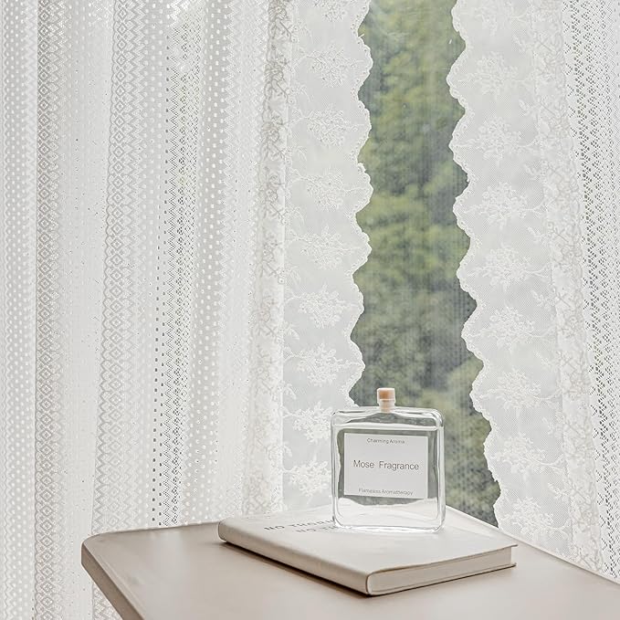 White Sheer Curtains 63 inch Length – Vintage Boho Sheer Curtains for Bedroom/Living Room, Light Filtering Drapes with Lace Trim, Rod Pocket Privacy Chic Window Treatments, 52W x 63L, 2 Panels