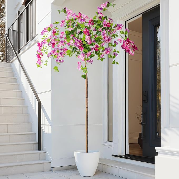 7.2FT Artificial Bougainvillea Tree Artificial Tree Tall Potted Fake Bougainvillea Trees for Outdoor Indoor Lifelike Potted Faux Plants with Wood Trunk and Flowers Office Wedding Home Decor