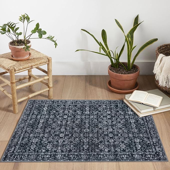 2x3 Washable Area Rug for Entryway, Black Non-Slip Soft Indoor Door Mat Distressed Floral Low-Pile Kitchen Rugs, Neutral Vintage Carpet for Entrance Farmhouse