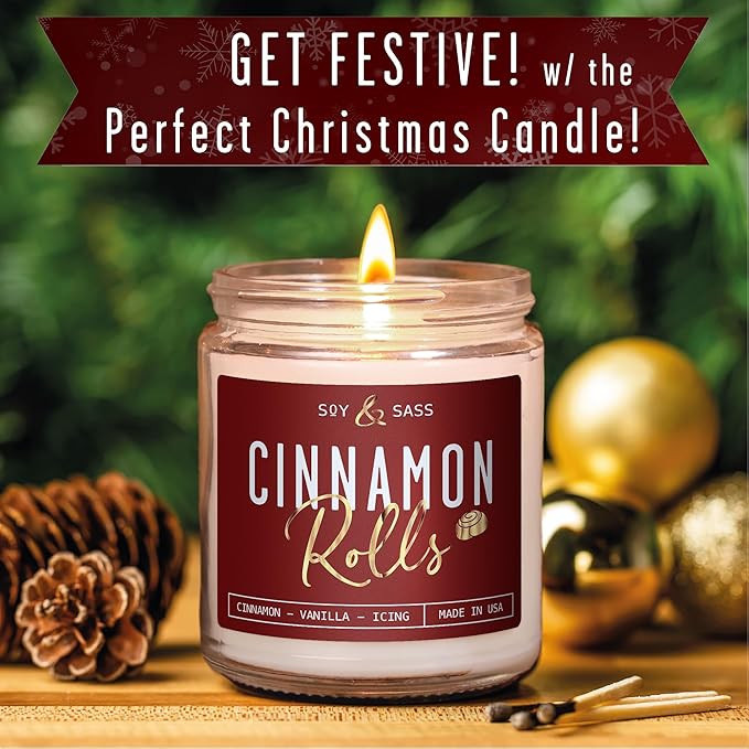 Cinnamon Candle, Fall Candles, Christmas Candles - 'Cinnamon Rolls' Autumn Scented Soy Candle for Home, 9oz Reusable Jar, 50Hr Burn, Made in USA