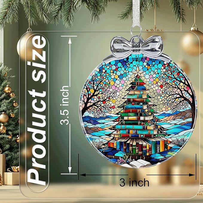 Book Tree Christmas Ornament Unique - Book Lover Ornament Glass for Christmas Tree Decorations- Holiday Keepsake Present Exchange Idea