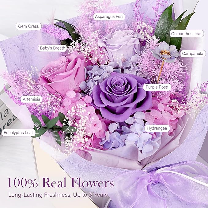 Preserved Bouquet of Flowers - 3 Roses & Flowers for Delivery, Long-Lasting Real Lavender Forever Flowers, Eternal Roses Bouquet for Mothers, Mom, Wife Anniversary Birthday Gifts for Women Grandma