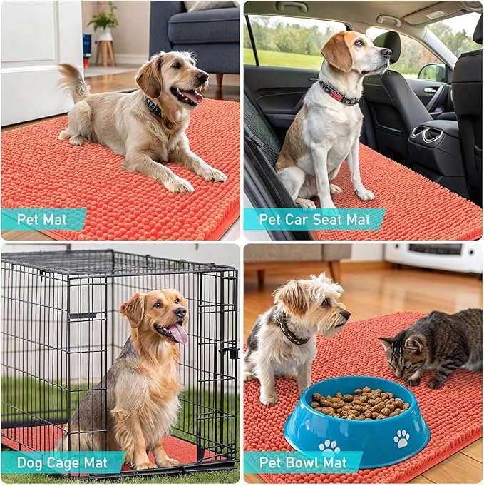 OLANLY Dog Door Mat for Muddy Paws 59x32, Absorbs Moisture and Dirt, Absorbent Non-Slip Washable Doormat, Quick Dry Chenille Mud Mat for Dogs, Entry Indoor Entryway Carpet for Inside Floor, Coral