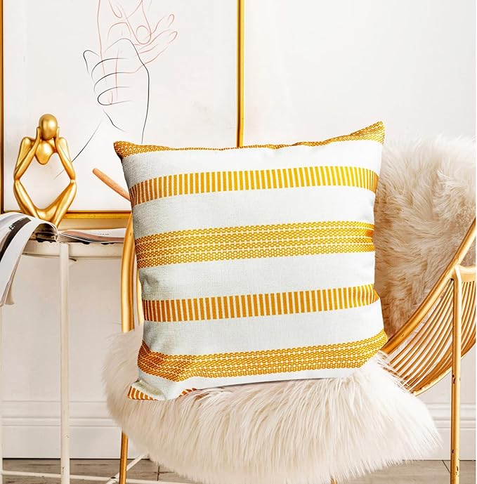 Decorative Throw Pillow Covers Set of 2 Chrome Yellow Boho Striped Pillow Covers 22x22 Inch Throw Pillow Cover Linen Pillowcase Farmhouse Outdoor Pillow Covers for Couch Sofa Living Room