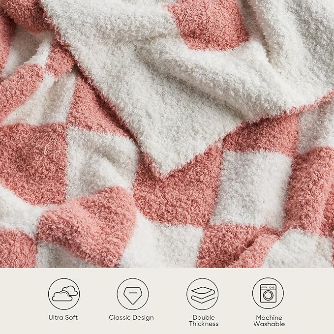 Snuggle Sac Checkered Throw Blanket for Couch, Super Soft, Cozy Warm Knit Blankets, Reversible Plaid Fluffy Throws for Sofa Bed Checkered Pink, 50x60 Inches