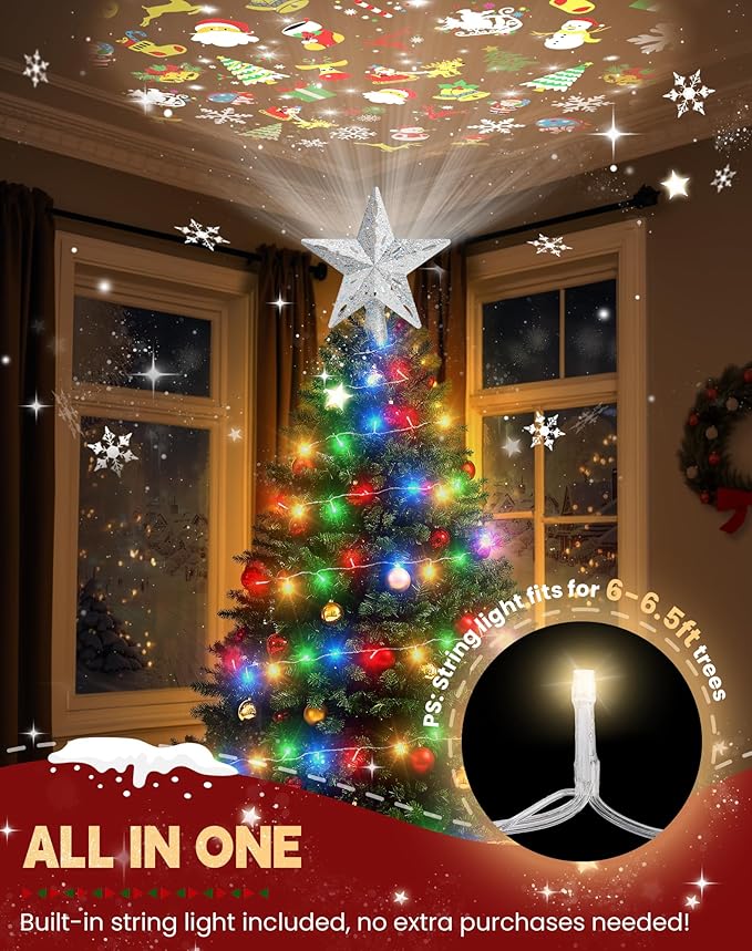 Christmas Tree Topper with 32.8FT Color Light Cord and 6 Projection Modes, Christmas Star Tree Topper Built-in LED Rotating Projector Lights, 3D Glitter Christmas Tree Decorations (Silver)