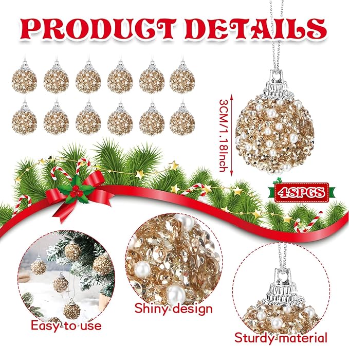 Liliful 48 Pcs 1.18 Inch Mini Christmas Ball Ornaments Christmas Tree Ornament Glitter Sequin Foam Ball Ornaments Xmas Hanging Decoration for New Year Holiday Wedding(Champagne Gold)