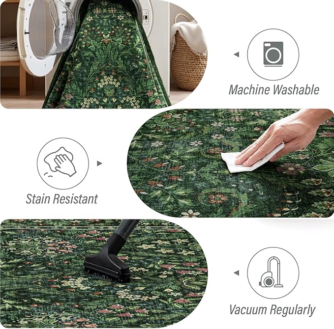 Woaboy Washable 5x8 Area Rug for Living Room Bedroom Dining Room Office, Non-Slip Low Pile Stain Resistant Soft Carpet for Vintage Christmas Floral Oriental Home Decor Grass Green