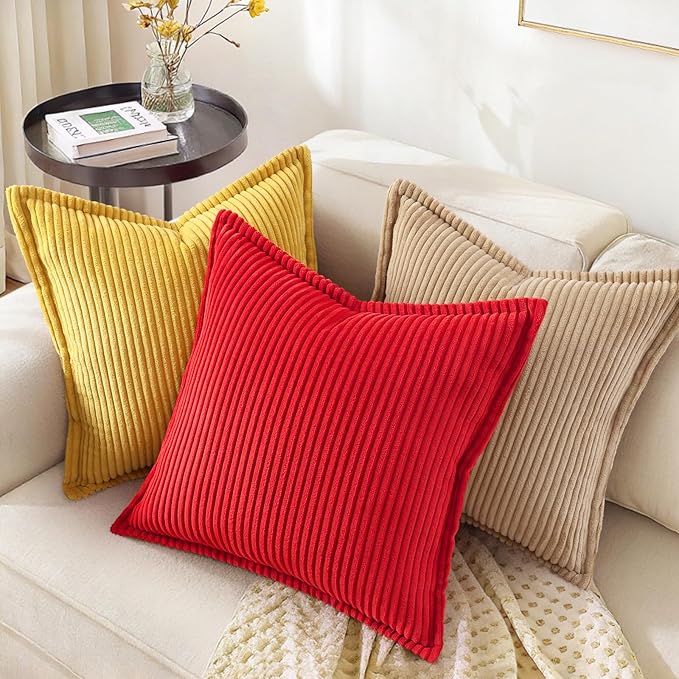 decorUhome Christmas Corduroy Red Throw Pillow Covers 18x18 Set of 2 Decorative Soft Boho Farmhouse Euro Couch Pillow Covers for Living Room Bed Sofa Broadside Striped Pillow Cases