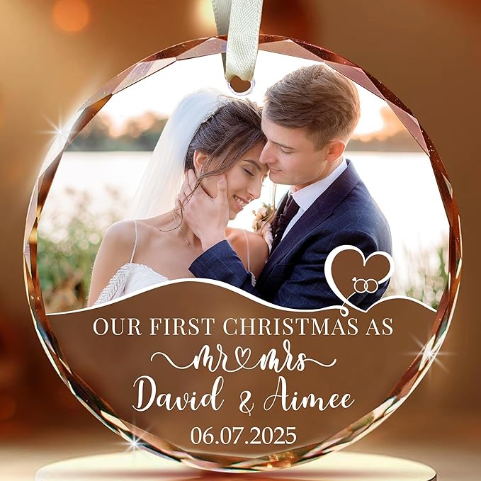 First Christmas Married Ornament 2025 – Custom Mr and Mrs Photo Ornament – Personalized Wedding Gift with Picture Name Date – Couple Glass Keepsake