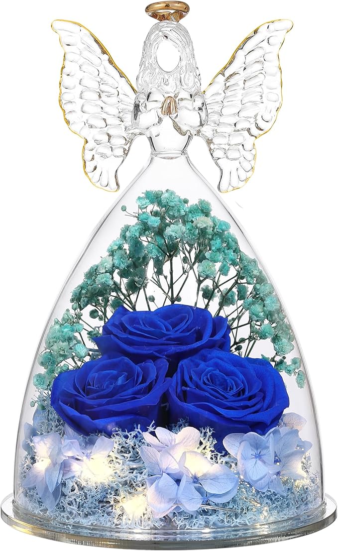 Christmas Rose Gifts for Women Preserved Real Flower in Glass Angel Figurines Roses for Delivery Prime Birthday Gifts for Mom Grandma Girlfriend Wife Her, Dark Blue