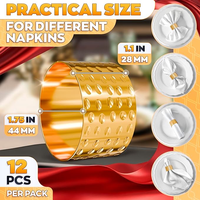 Valentine Hammered Gold Napkin Rings Set of 12 - Classic & Reusable Metal Napkin Ring Holders 1.8"x1.1" for Banquets, Weddings, Family and Holiday Gatherings, Gift Giving & Valentine Table Decoration