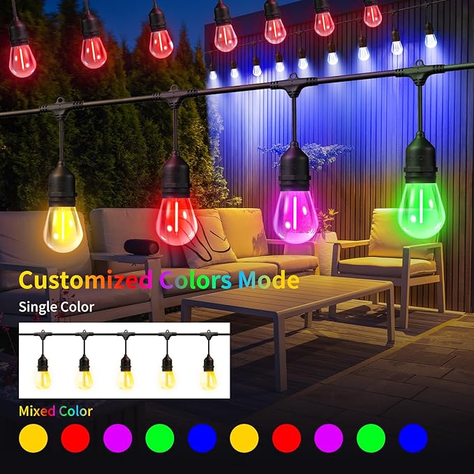26FT Outdoor String Lights, Outdoor Lights for Patio,with 12+2 LED RGBW Color Change,3000K Bright White Waterproof Bulbs, Dimmer & Remote, Customized 12 Colors & 4 Modes, for Backyard Decor