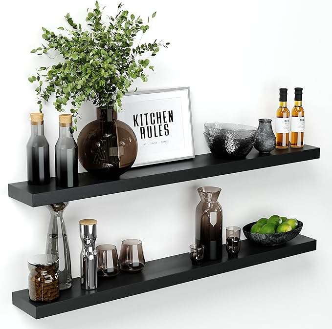 Homeforia Black Floating Shelf 48 inches, High End Solid Real Wood 48 inch Long Floating Shelves for Wall, Black Wooden 48inch Large Floating Shelves, Heavy Duty Bracket, 48 X 6.5 X 1.75 in, Set of 2