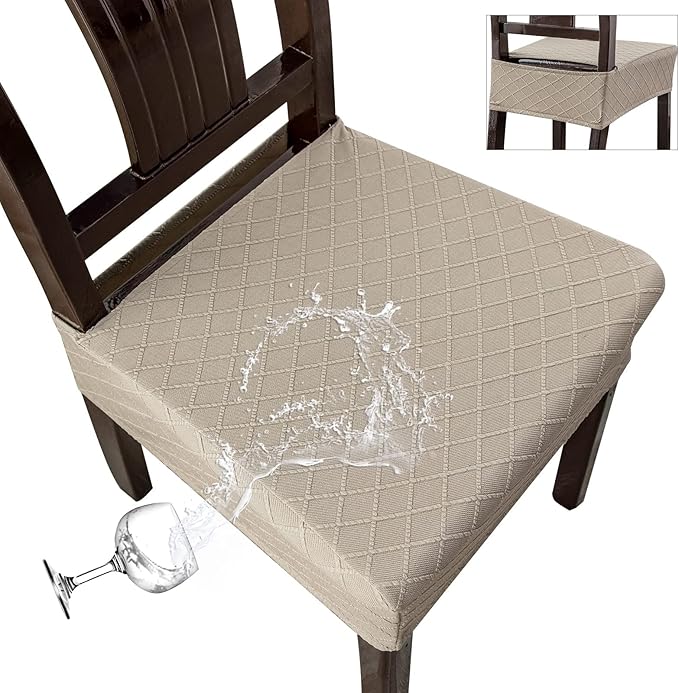 Genina Waterproof Seat Covers for Chairs,Set of 4 Dining Room Chair Seat Covers for Kitchen,Stretch Jacquard Removable Washable Dining Chair Slipcovers Protectors,No Rear Covers, Taupe