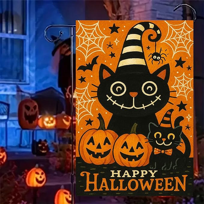Halloween Garden Flag Black Cat Pumpkin Double Sided 12x18 Inch Trick Or Treat Fall Outdoor Flag Spooky Ghost Spider Web Sign for Lawn Yard Porch Party Seasonal Holiday Halloween Decoration
