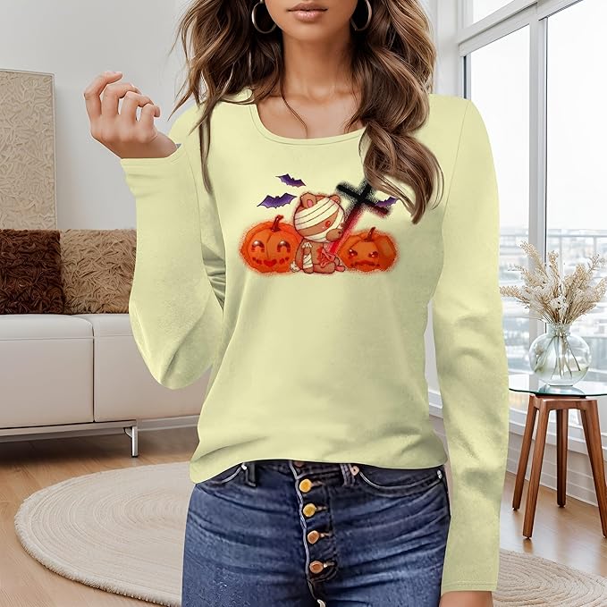 Halloween Sweatshirt Ghost Graphic U-Neck Sweatshirt Long Sleeve Breathable Plus Size Halloween Pullover Best Gift