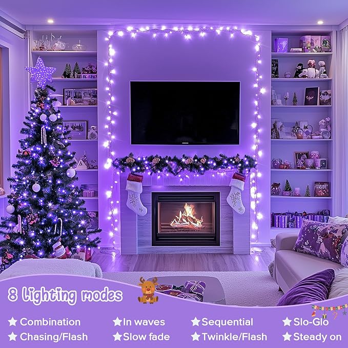 JMEXSUSS 2 Pack 100 LED Purple Christmas Lights Indoor, 33ft Clear Wire Purple String Lights Outdoor Waterproof, 8 Modes Connectable Christmas Tree Lights for Xmas Tree Yard Bedroom Porch Decorations