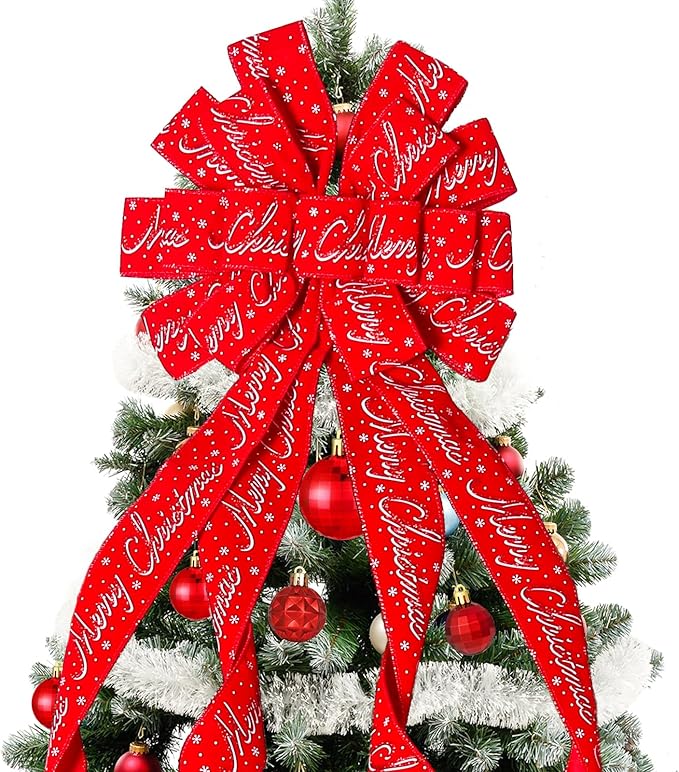 Christmas Tree Topper Christmas Wreath Bow, 52 * 13 inches Tree Toppers Bow with Letter Patterned Ribbon for Xmas Tree Christmas Rustic Farmhouse Home Holiday Party Decorations Red