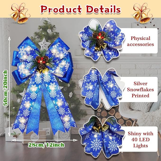 2 Pcs Pre-Light Christmas Decorative Bows for Wreath, 20 X 12” Large Christmas Tree Topper Bow with Bells, Berry, Pine Cones, 40 LED Silver Snowflake Ornament Bow for Indoor/Outdoor- Blue