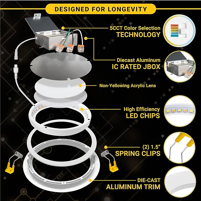NUWATT 12 Pack 6 inch Gimbal LED Recessed Light Canless Wafer Lights, 5CCT 2700K/3000K/3500K/4000K/5000K, Dimmable 1050LM 12W, Adjustable LED Eyeball Light Angled Recessed Lighting, Metal Junction Box