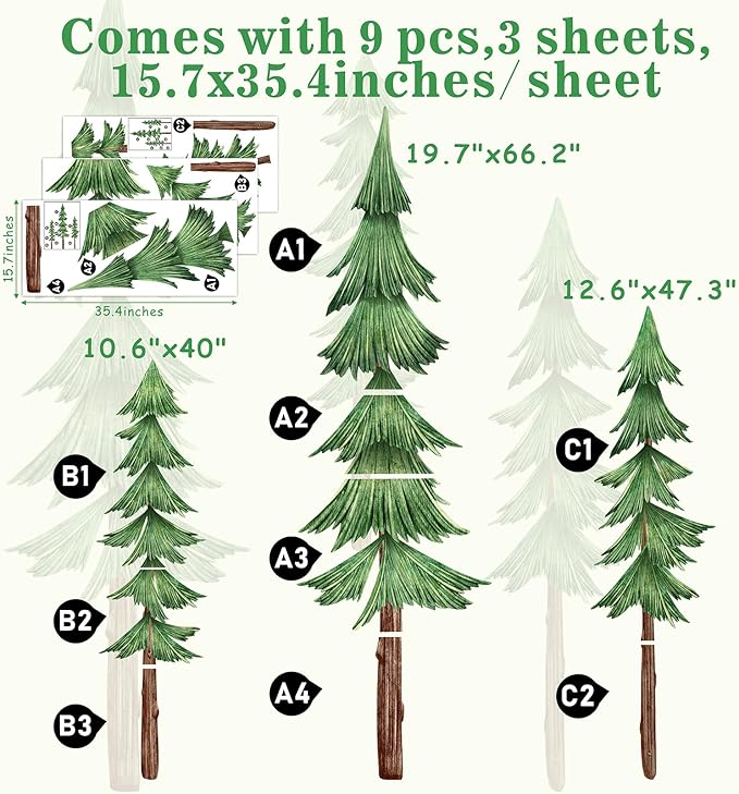 Large Pine Tree Wall Decals Peel and Stick Watercolor Extra Large Tree Wall Decal Forest Nature Green Trees Stickers Woodland Giant Pine Trees Decals for Nursery Kids Room Decor