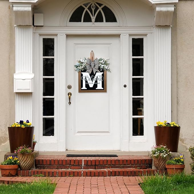 Ultra Large 14'' Last Name All Year Round Front Door Wreath with 26 Initial Letter Welcome Sign All Seasons Eucalyptus Garland and Bow Wreaths for Front Door Porch Farmhouse Decoration (M)