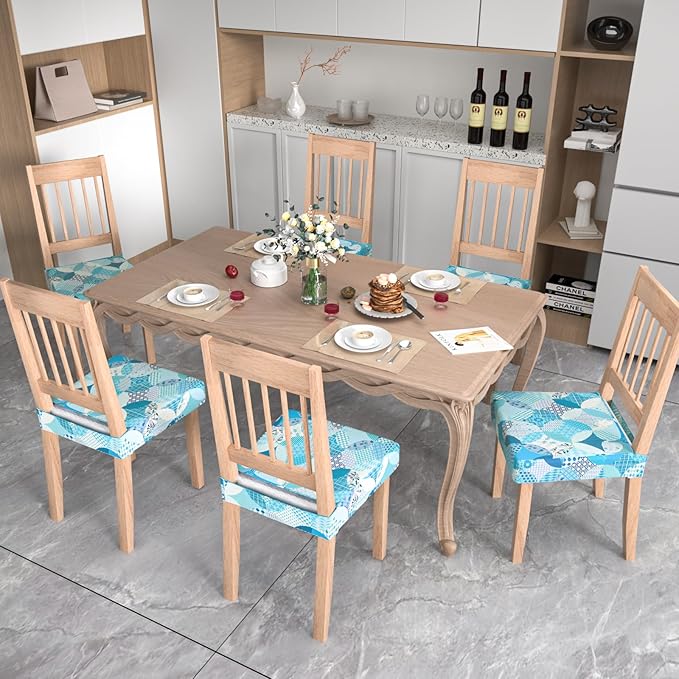 Stretch Dining Chair Seat Covers Set of 6,Dining Chair Slipcovers, Floral Printed Chair Covers,Soft Fabric Washable Upholstered Chair Seat Protector, No Rear Covers for Home Kitchen Dining Room