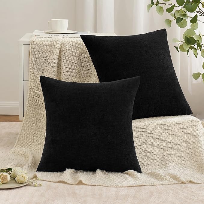 MIULEE Black Couch Pillow Covers 20x20 Inch, Set of 2 Soft Chenille Decorative Square Throw Pillow Covers Farmhouse for Sofa Living Room Bed