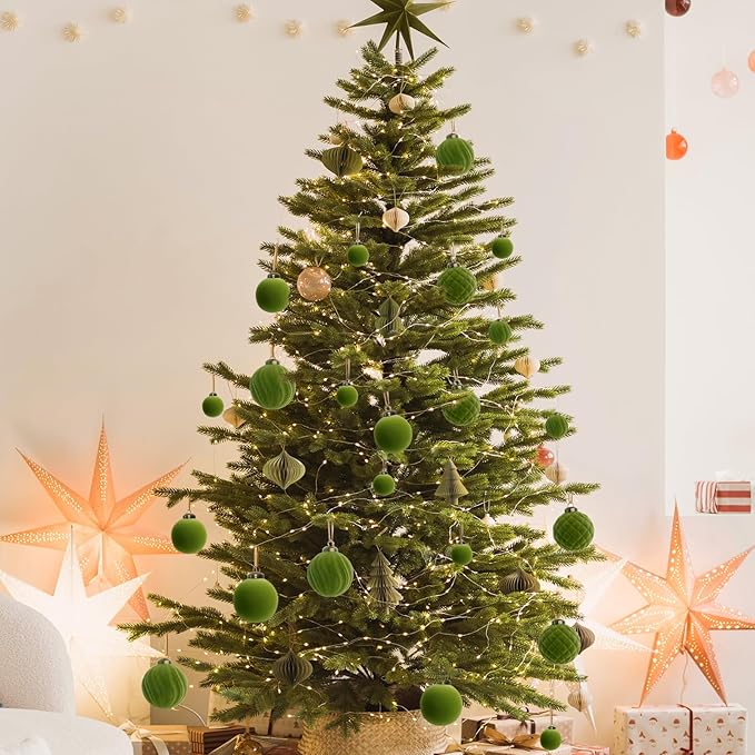 XmasExp 36PCS Velvet Christmas Ornaments Set Mixed Flocked Balls Ornaments Shatterproof Christmas Tree Decorations for Holiday,Party,Home（Green）