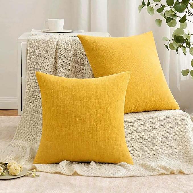 MIULEE Yellow Couch Pillow Covers 18x18 Inch, Set of 2 Soft Chenille Decorative Square Throw Pillow Covers Farmhouse for Sofa Living Room Bed