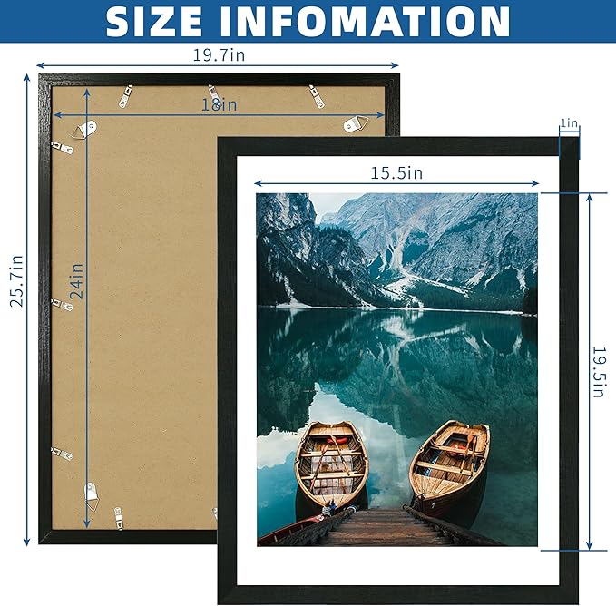 18x24 Frame Set of 2, Rustic Black Wood Style - Display 18 x 24 Poster without Mat or 16x20 Picture with Mat, Wall Mounting Horizontal and Vertical