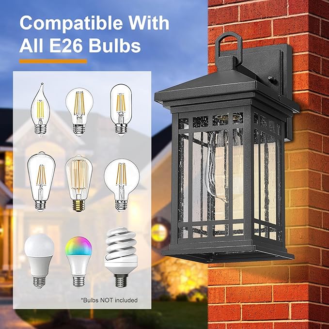 Outdoor Porch Lights Wall Mount, 2 Pack 12.4 Inch Outdoor Wall Lantern With E26 Sockets & Seeded Glass, Classic Exterior Lighting Fixtures, Waterproof Black Porch Light Fixtures For House, Garage