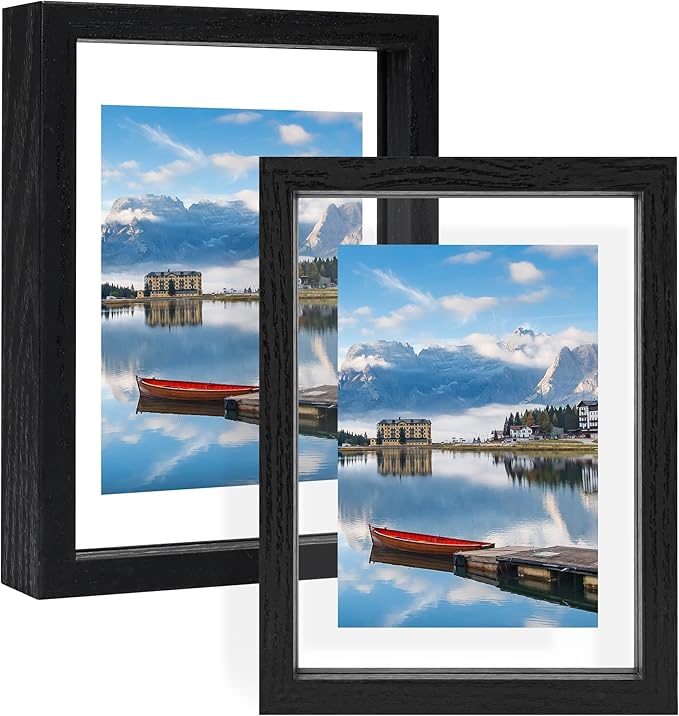 5x7 Floating Picture Frames Set of 2, Double Glass Photo Frame Wooden Frame for Wall Mount or Tabletop Displays for 3x5, 4x6 inch Pictures, Plane Edge Frames, Black