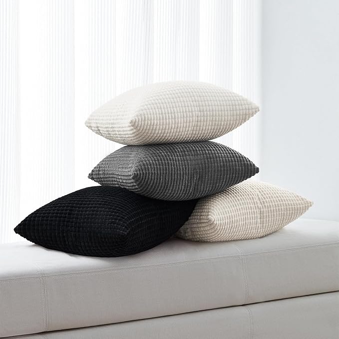 Topfinel 4 Packs Black and White Decorative Throw Pillow Covers 16x16 Inch for Living Room Couch Bed Sofa, Boho Western Farmhouse Home Decor, Square Soft Moss Corduroy Fall Cushion Case 40x40 cm