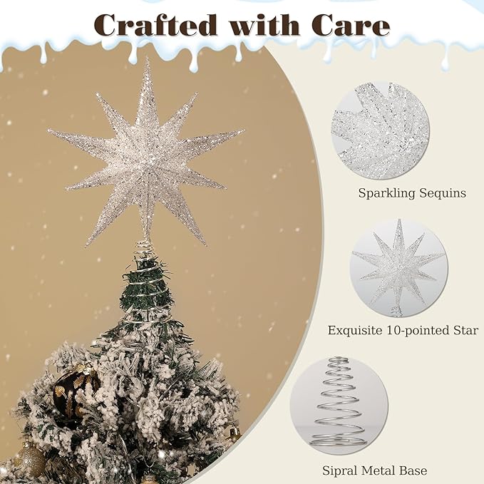 Lewondr Christmas Tree Topper Star, 13inch 10-Point Light Up Xmas Star Treetop with Plug and Remote Control for Home Christmas Decoration, 6H Timer & 8 Lighting Modes, Warm Light, Silver