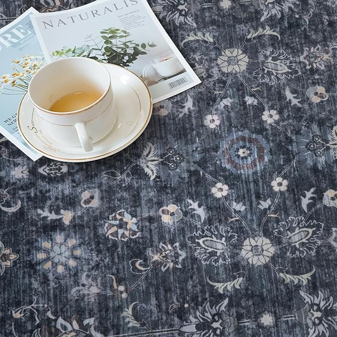 Tangsoo 5x7 Blue Area Rug for Bedroom Living Room, Washable Vintage Floral Rug Non Slip, Low Pile Stain Resistance Distressed Retro Indoor Boho Carpet for Laundry Farmhouse Dinning Room Mat Home Decor