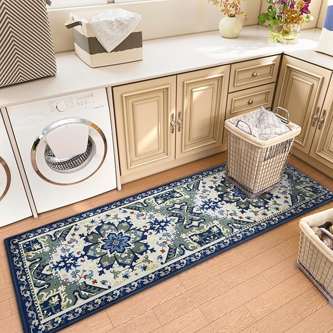 Runner Rug with Non Slip Rubber Backing, Washable Soft Floor Carpet for Kitchen, Hallway, Entryway Indoor, Bedroom, Laundry, Low Pile Area Rugs, Geometric Floral, Blue Pattern, 2' * 6'