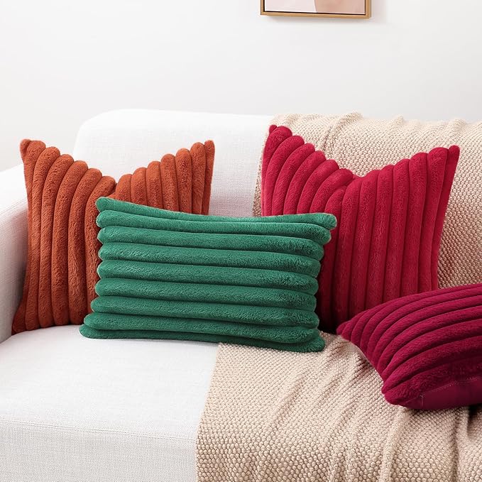 decorUhome Faux Fur Christmas Throw Pillow Covers 18x18 Set of 2, Decorative Soft Plush Striped Neutral Couch Euro Pillow Covers with Velvet Back for Sofa, Bed, Living Room Home Decor, Red