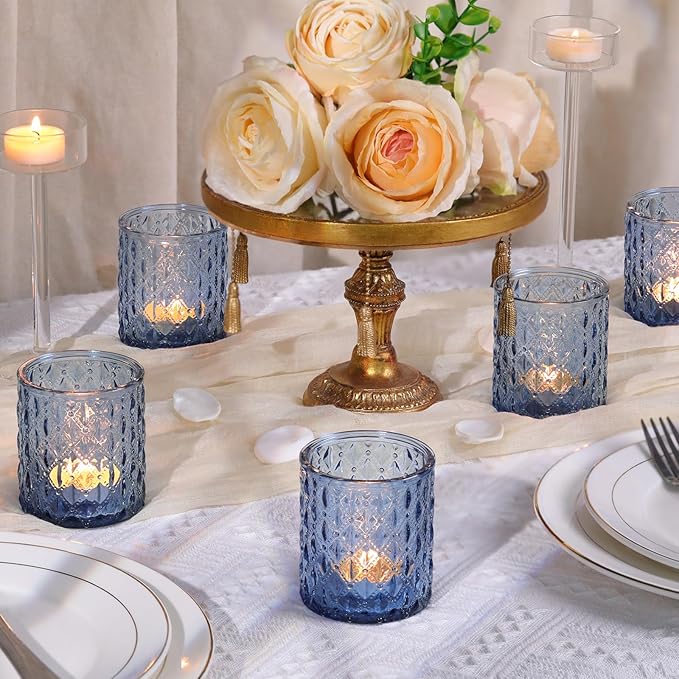 8Pcs Large Votive Candle Holders Blue Tea Light Candle Holders Glass Candle Holder for Wedding, Bridal Shower, Table Centerpiece, Party, Home Decor